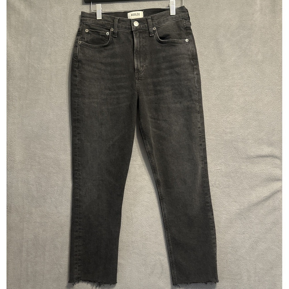 AGOLDE Merrel Mid Rise Straight Jeans Size 26 Nightfall Black Denim Raw Hem